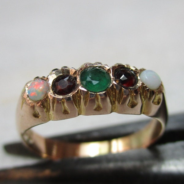 Victorian{Chester 1899} 9ct Rose Gold 5-Stone Emerald, Opal + Garnet Gemstone 'Suffragette' Ring