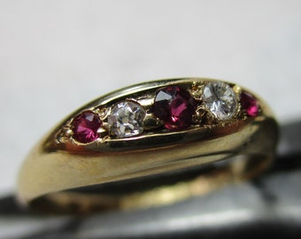 Antique{Birmingham 1911} 18ct Solid Gold 5-Stone Diamond + Ruby Gemstone Ring