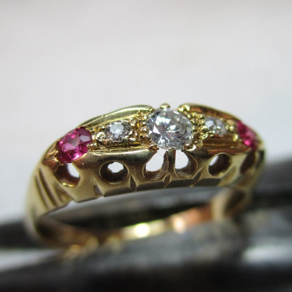 Antique{Birmingham 1918} 18ct Solid Gold 5-Stone Diamond + Ruby Gemstone Ring{2.5 Grams}