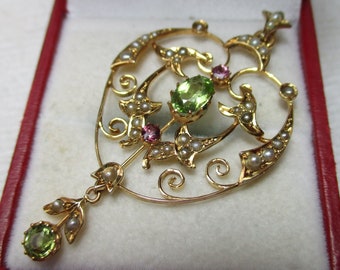 Art Nouveau 15ct Solid Gold Peridot, Split Seed Pearl + Red Stone Gemstone 'Suffragette' Open Work Pendant{3.6 Grams}