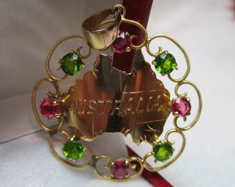 Art Nouveau 9ct Gold Peridot + Pink Gemstone ''Australia'' Open-Work Pendant{3.0 Grams}