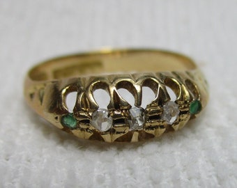 Antiguo {Birmingham 1919} Oro macizo de 18 quilates Diamante de 5 piedras + Anillo esmeralda