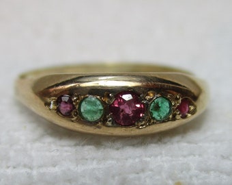 Antique 18ct Solid Gold 5-Stone Emerald + Ruby Gemstone Ring