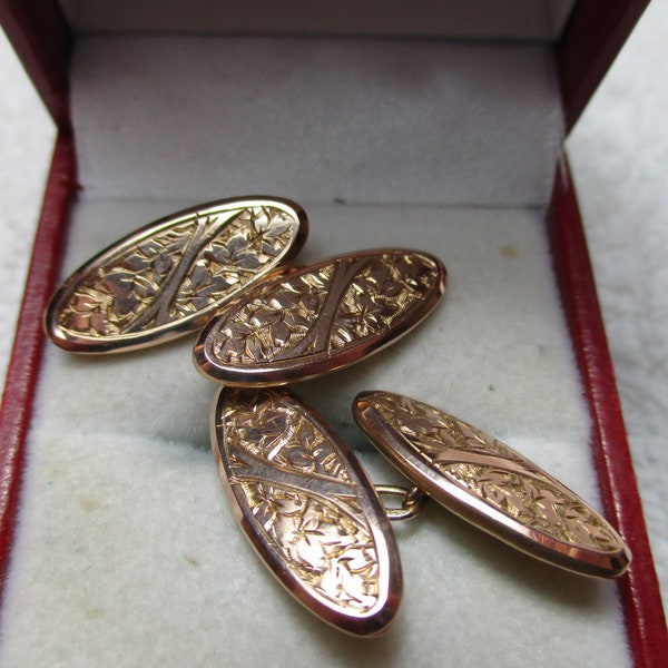 Edwardian{Chester 1902} 9ct Solid Gold 'Foliate Engraved' Chain Link Cufflinks{3.0 Grams}