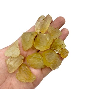 Puede incluir: Una colección de piedras de ámbar amarillo, algunas con inclusiones, en una mano. Las piedras son de varios tamaños y formas.