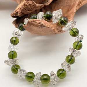 100% Genuine Moldavite Round Beaded with Herkimer  Bracelet /genuine Moldavite tektite / Natural Moldavite Bracelet from Czech Republic