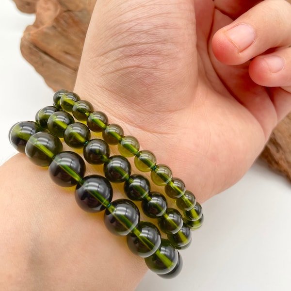Pulsera de cuentas redondas de moldavita 100% genuina / tectita de moldavita genuina / pulsera de moldavita natural de la República Checa