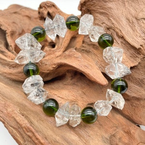 100% Genuine Moldavite Round Beaded with Herkimer  Bracelet /genuine Moldavite tektite / Natural Moldavite Bracelet from Czech Republic