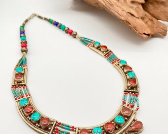 Collar de coral turquesa tibetano hecho a mano, joyería tribal bohemia