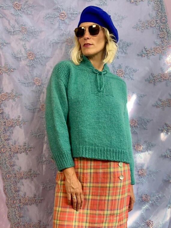 Vintage Handknit Sweater with Tie at Collar | Vint