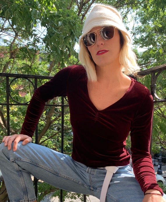 90s Velvet Top | Velvet V Neck Top with Cinching