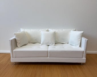 Modern Black Dollhouse Sofa with Rug | Handmade Miniature Furniture | Scale 1:6