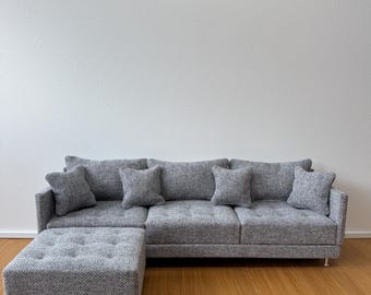 Modern Grey Dollhouse Sofa with Ottoman | Handmade Miniature Furniture | Scale 1:6