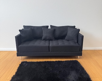 Modern Black Dollhouse Sofa with Rug | Handmade Miniature Furniture | Scale 1:6