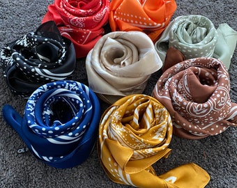 8 Colors Paisley Square Scarves Silk Blend Head Neck Scarf Neckerchief Color: Black, Pink, Red, Gray, Orange, Yellow Silky Bandanas