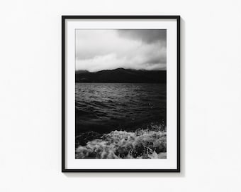 Water and Mountains Professional Photography Art Print, Black White Photo, Dark Photography