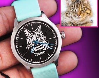 Custom Cat Watch, Personalized Photo Watch Pet Portrait Wristwatch Gift for Cat Lovers 37mm Customizable Keepsake Watch Cat Face Jewelry