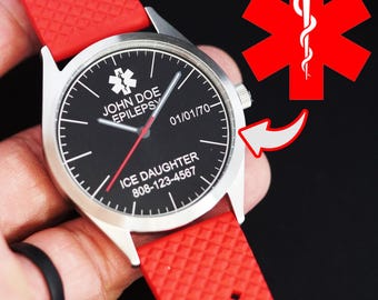 Personalized Medical Alert Tag Watch for Men, Custom Medical Alert Id Tag, Engraved for Emergency Info/Diabetic Alert, ICE Tag for Epilepsy