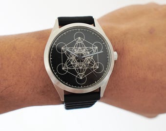 Metatron’s Cube Quartz Watch – Sacred Geometry Dial,  Engraved Timepiece, Citizen Miyota Movement, Gift for Him
