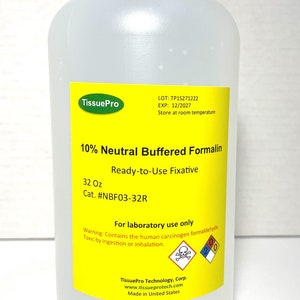 May include: A clear plastic bottle of 10% Neutral Buffered Formalin, a ready-to-use fixative, with a yellow label. The label includes warnings and the text "For laboratory use only". The bottle contains 946 ml.
