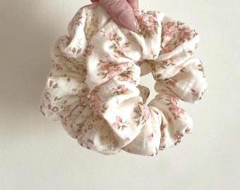 Cottagecore | Floral | Boho Chic 100% Premium Double Layer Cotton Gauze Soft Scrunchies | Chou Chou - Regular - Approx. W4cm x D13cm