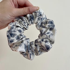 Blue/Beige Floral Toile | Cottage Core | 100% Light Cotton Scrunchie Hair Tie Accessory - Regular | Diameter 12cm (4.8 inches)