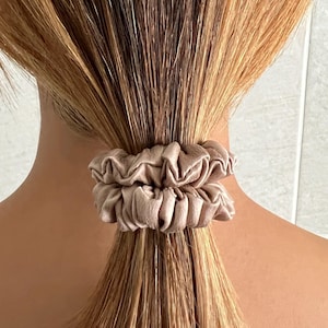 Tan Brown &quot;MOCHA&quot; 100% Mulberry Washed Silk Skinny Scrunchies | Pure Mulberry Silk - W1cm x D8cm | Luxury Hair Care | Hair Tie | Chouchou