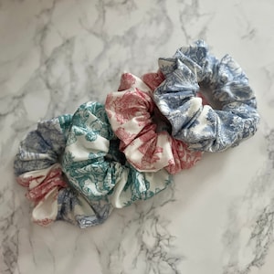 Toile de Jouy Print 100% Pure Soft Cotton Scrunchies | Chou Chou - Various Colours: Blue | Pale Red | Green | Regular - Approx. W5cm x D12cm