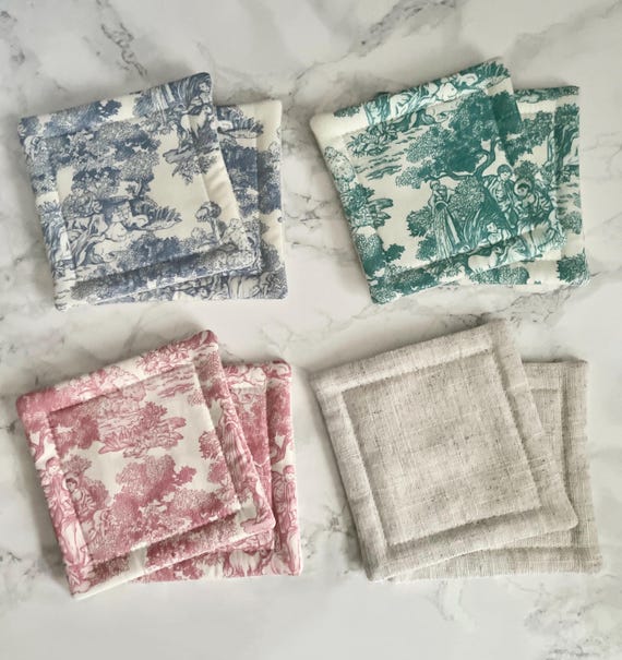 Toile de Jouy Soft Cotton/Linen Padded Fabric Tea | Coffee Coasters | Home Decor - Blue/Red/Green Beige |  12cm x 12cm - Set of Two/Four