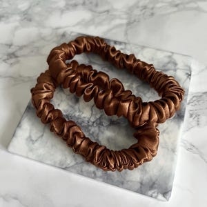 Cacao Brown Silky Satin Skinny Scrunchie | Elastic Hair Tie | Light - Medium | Strong Sturdy Elastic For Fine To Thick Hair | W1CM x D8CM