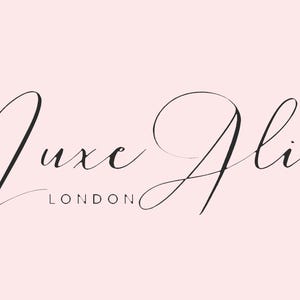 May include: A logo design featuring the text Luxe Ali in a black, elegant, flowing cursive script font, positioned above the word LONDON in a simple, clean, uppercase sans-serif font, all set against a solid, pale, light pink background.