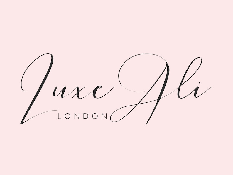 May include: A logo design featuring the text Luxe Ali in a black, elegant, flowing cursive script font, positioned above the word LONDON in a simple, clean, uppercase sans-serif font, all set against a solid, pale, light pink background.