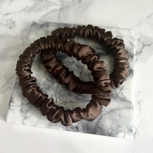 Coco Brown Satin Skinny Scrunchie | Elastic Hair Tie | Light - Medium | Strong Sturdy Elastic For Fine To Thick Hair | W1CM x D8CM
