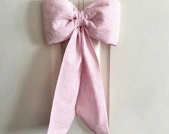 Pink/White Stripe Cotton/Poly Blend Puffy Fabric Bow | Door Feature | Wall Hanging | Home/Parties/Events | Baby Shower/Nursery Decor - S/M