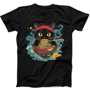 Black Cat Eating Ramen Noodle Best Seller Funny Gift Black Tee T Shirt B323
