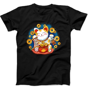 Maneki Neko Smiling Face Lucky Cat Funny Gift Tee Black T Shirt B49