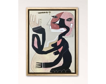 Puede incluir: Pintura abstracta de una persona con un cuerpo negro y rosa, una cara roja y blanca, y la palabra "what?" escrita sobre la cabeza.