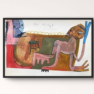 Nog helemaal alleen? • Gemengde techniek op papier • Moderne, eenvoudige kunst van buitenaf •