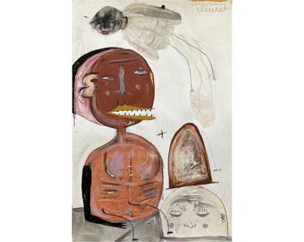 Puede incluir: Pintura abstracta que presenta una figura humana estilizada con una cara marrón, cabello rosado y una sonrisa dorada. Figuras y formas adicionales se representan en tonos apagados de blanco, marrón y beige sobre un fondo blanco. La palabra "HAT" está escrita en la pintura.