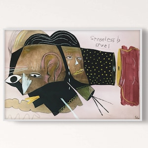 May include: Abstract painting with a black, brown, and white face with a large ear. The face is crying and the background is pink with black polka dots. The text "Senseless & cruel" is written in black on the pink background.