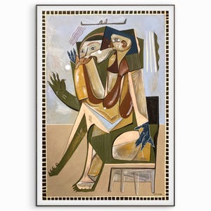 May include: Abstract painting featuring two figures in a seated pose, rendered in a cubist style. The artwork uses a palette of muted greens, browns, and blues, with a black frame. The figures are stylized with geometric shapes and lines.
