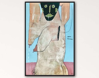 Puede incluir: Impresión artística abstracta que representa una figura con rostro negro y labios verdes. La obra utiliza una paleta de beige, melocotón y azul, con contornos negros y una base roja. La pieza está enmarcada en un marco negro.