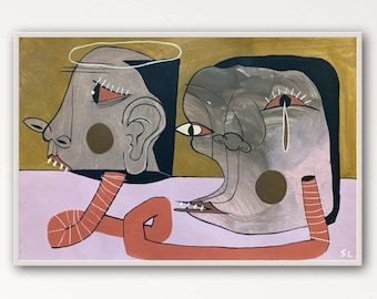 Puede incluir: Pintura abstracta de dos caras con colores marrón, gris y rosa. Las caras están conectadas por una forma de gusano roja. El fondo es de color marrón claro.