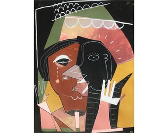 Puede incluir: Pintura abstracta con dos caras, una negra y otra marrón, con contornos blancos. Las caras se superponen parcialmente y se colocan sobre un fondo verde, amarillo, rosa y negro.