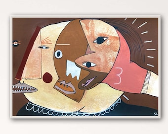 Puede incluir: Pintura abstracta de tres caras con colores marrón, rosa y amarillo. Las caras se superponen y tienen diferentes rasgos, incluidos ojos, narices y bocas. La pintura tiene un fondo marrón oscuro y una firma blanca en la esquina inferior derecha.