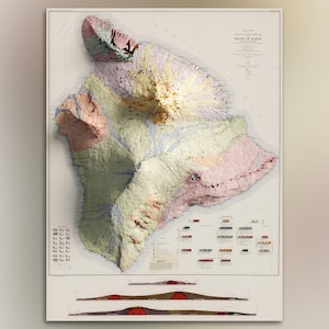 A Ilha do Havaí - Mapa geológico histórico do USGS de 1945 - Impressão de mapa topográfico em relevo sombreado