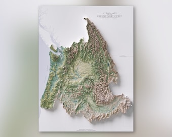 Pacific Northwest Region Hydrologic Map- Stream Order Visualization -  Topographic Shaded Relief Map Print
