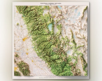 Cordillera de la Sierra Central, California - Mosaico sin costuras del USGS de 1957 - Impresión de mapa en relieve topográfico histórico