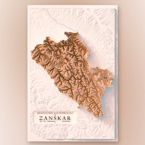 Río Zanskar, India - Hidrología y Topografía - Impresión de mapas en relieve sombreado