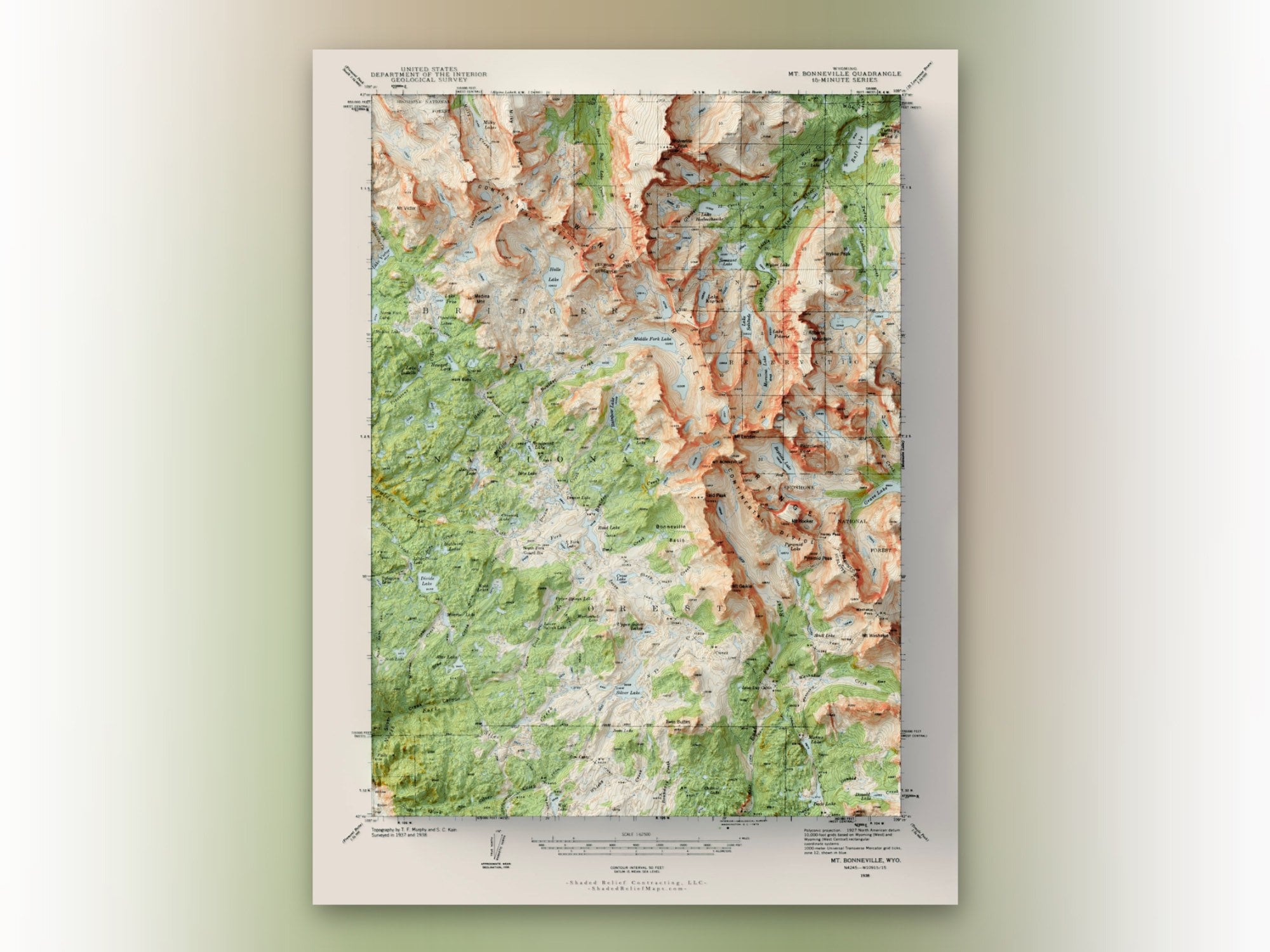 ウィンド・リバー山脈地形図：ワイオミング州ボンネビル山（1938年